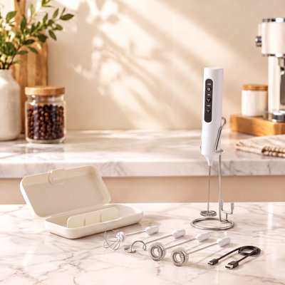 Moussoir à lait rechargeable avec support, 4 fouets interchangeables et étui de voyage, batteur électrique à main pour lattes, matcha, chocolat chaud, œufs et boissons protéinées
