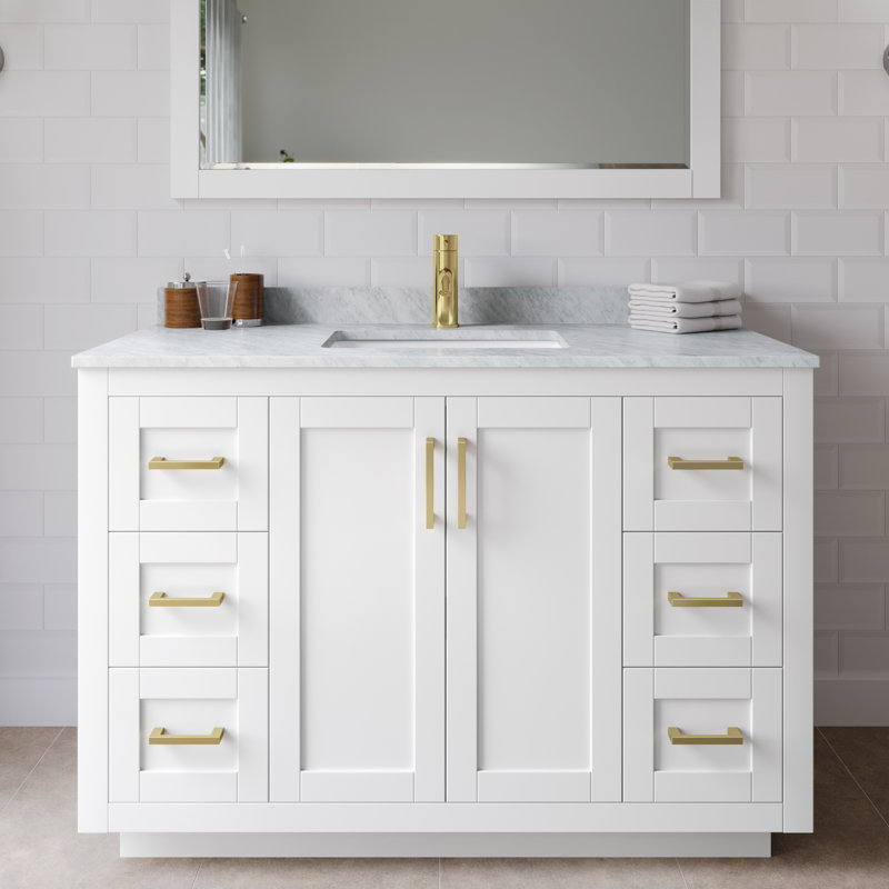 Ensemble de meuble-lavabo simple autoportant 48 po avec plateau en marbre Miranda, Blanc, Or brossé