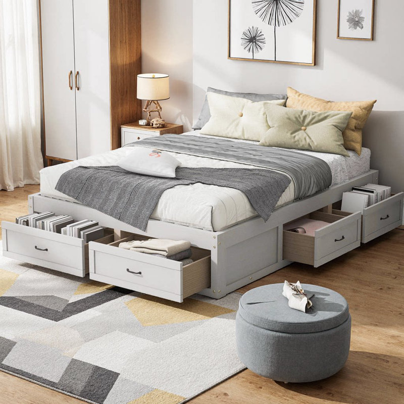 Grand lit plateforme avec 6 tiroirs de rangement, cadre de lit de rangement minimaliste, conception sans tête de lit, fabrication en panneau de fibres à densité moyenne et panneau de fibres à densité moyenne, aucun sommier nécessaire