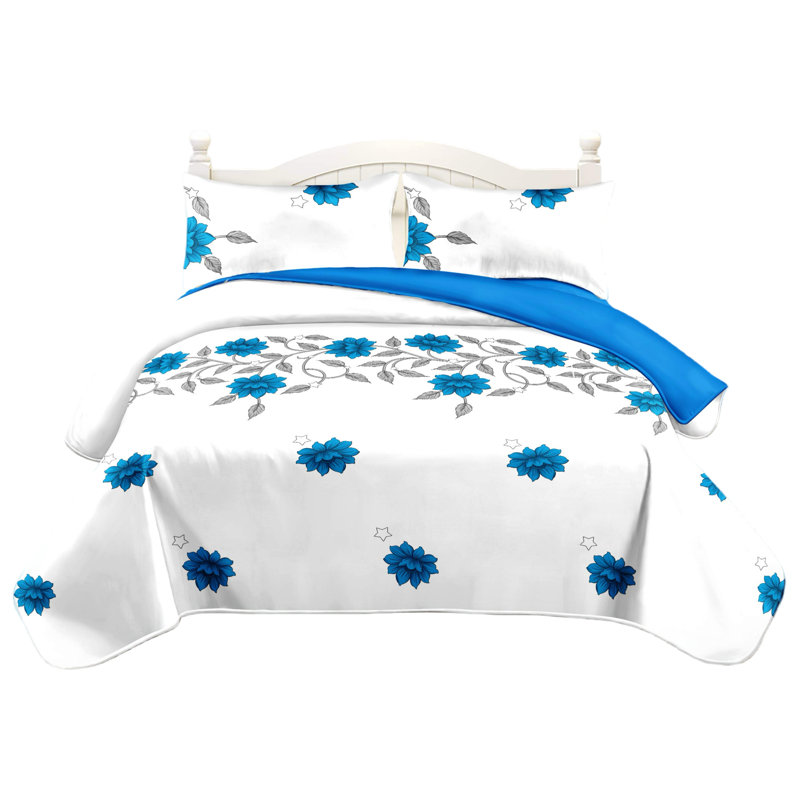 Ensemble de couvre-lit 3 pièces en microfibre réversible à motif floral bleu avec 2 taies décoratives, Grand lit