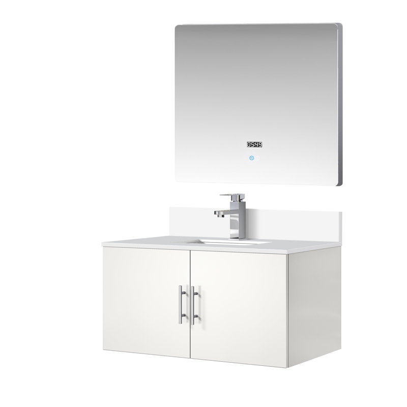 Meuble-lavabo blanc lustré 36 po X 22 po, avec comptoir en quartz, robinet, miroir à DEL et taches rayées pour un look de salle de bain moderne