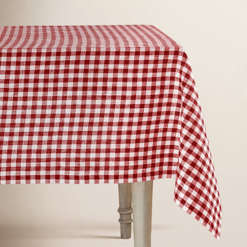 100% Pure Linen Tablecloth, 90" L x 60" W, Burgundy, Gingham Check
