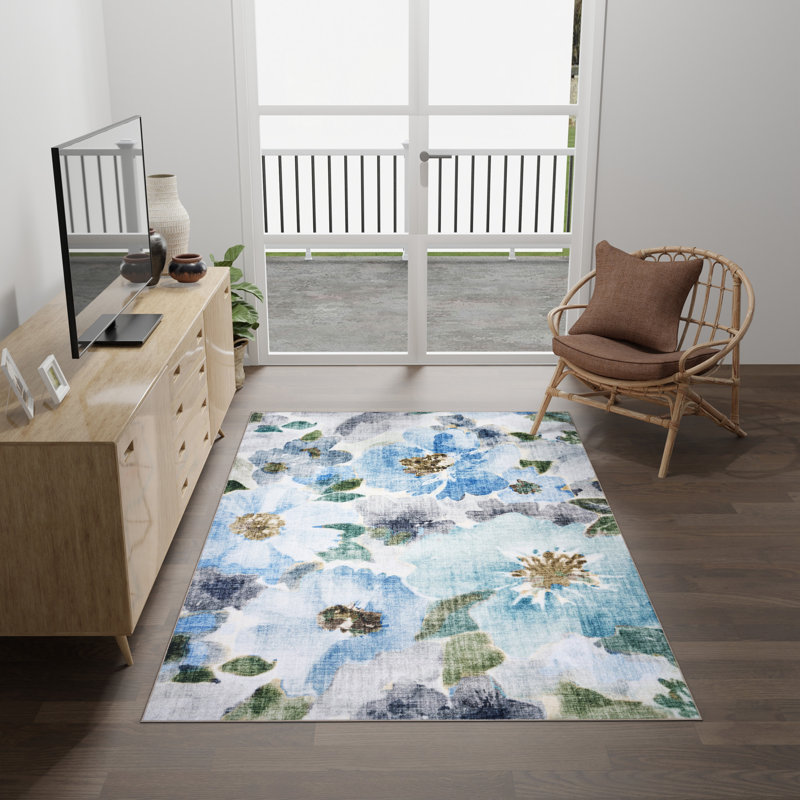 Tapis lavable en machine HGTV Chubbuck, imprimé en flanelle de polyester doux avec envers antidérapant, bleu Jania 6 x 9