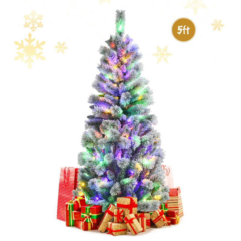 5ft Pre-Lit Snow Flocked Pine Christmas Tree with Multi-Color LED Lights