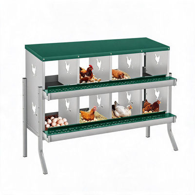 Boîtes de nidification pour poulets en métal à 8 compartiments avec plateau à œufs, perchoir et couvercle, lignes horizontales doubles et trous ventilés, fixation murale ou autoportante avec pieds en métal pour poules et canards, vert