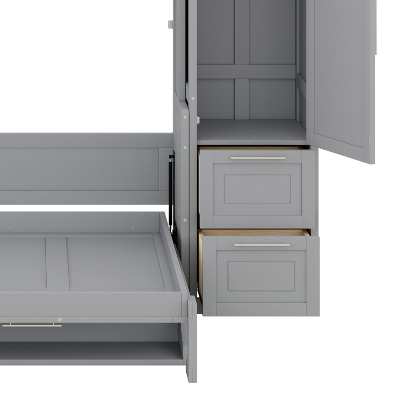 Lit escamotable Murphy avec placard et tiroirs, Gris, Lit double