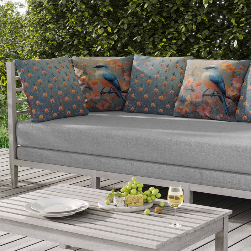 Coussin Floral, Bleu / Orange, Carré 16 po