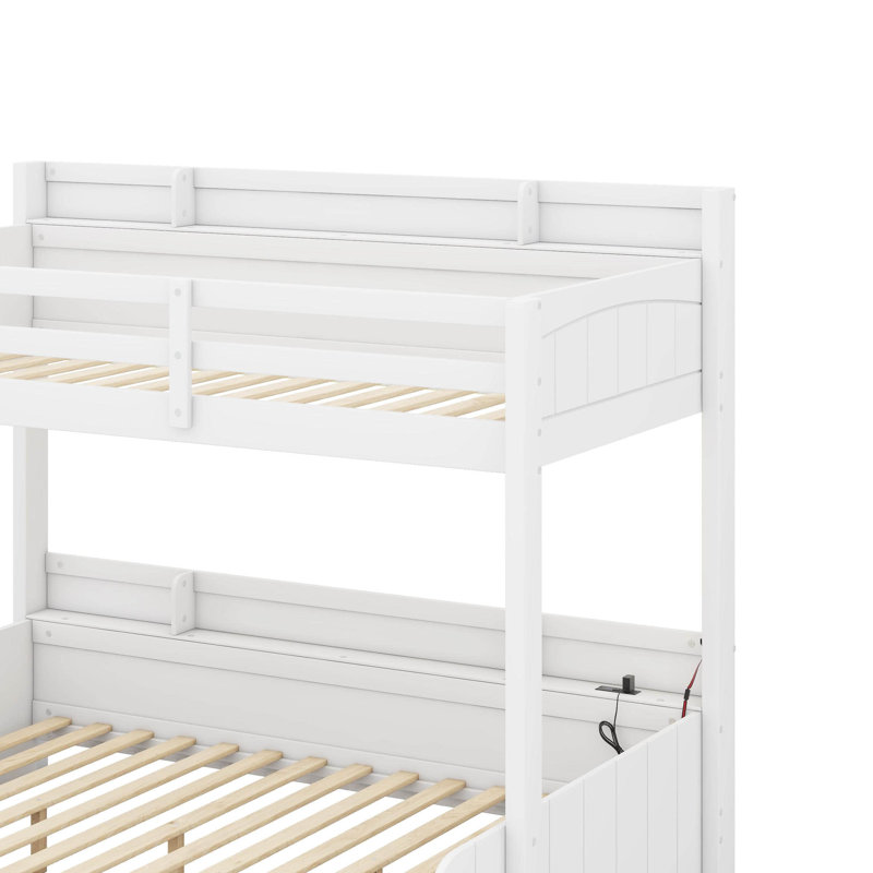 Twin Over Full Bunk Bed With Charging Station And A Drawer, White