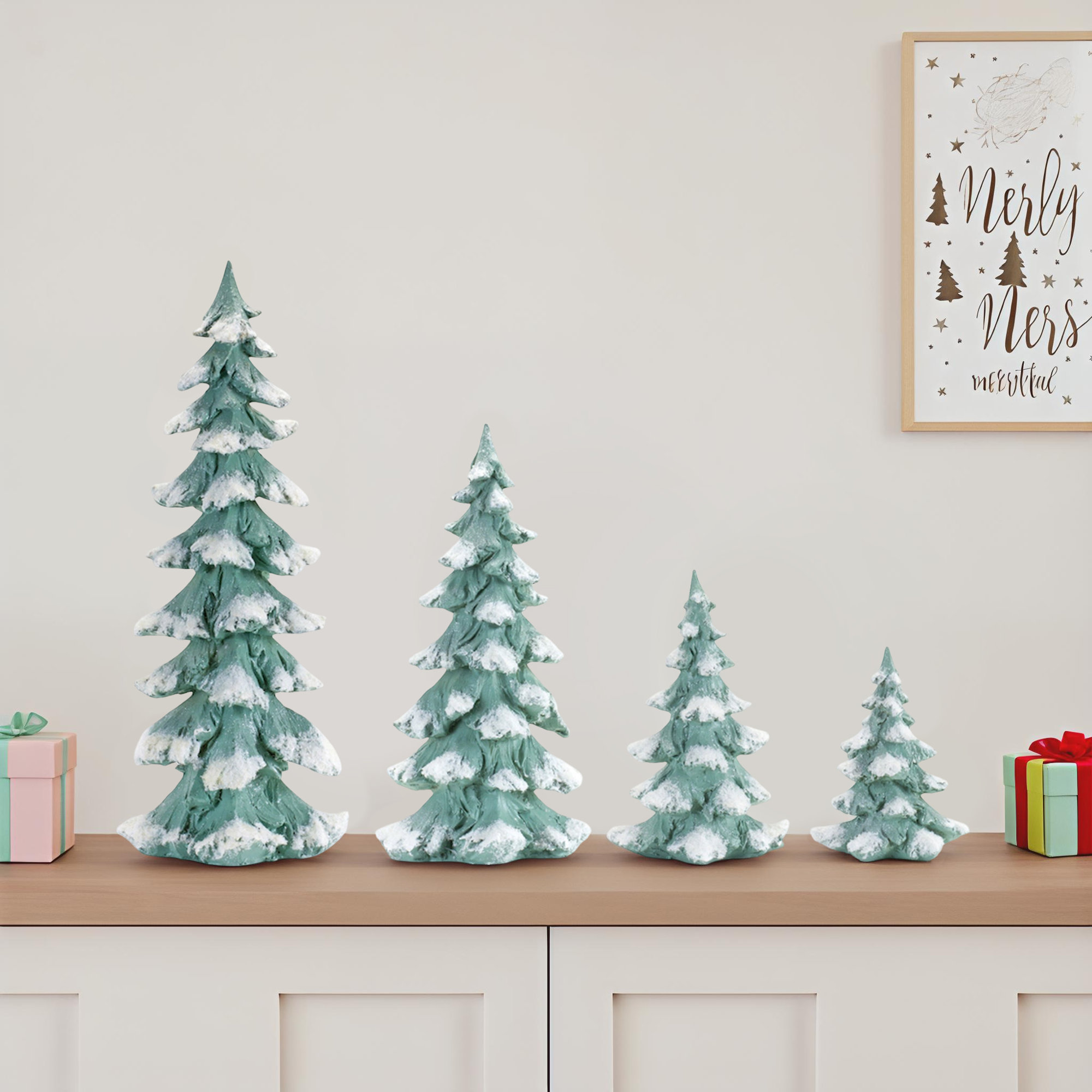 , Seafoam Flocked White Pine Tree with Carved Design (Set of 4)