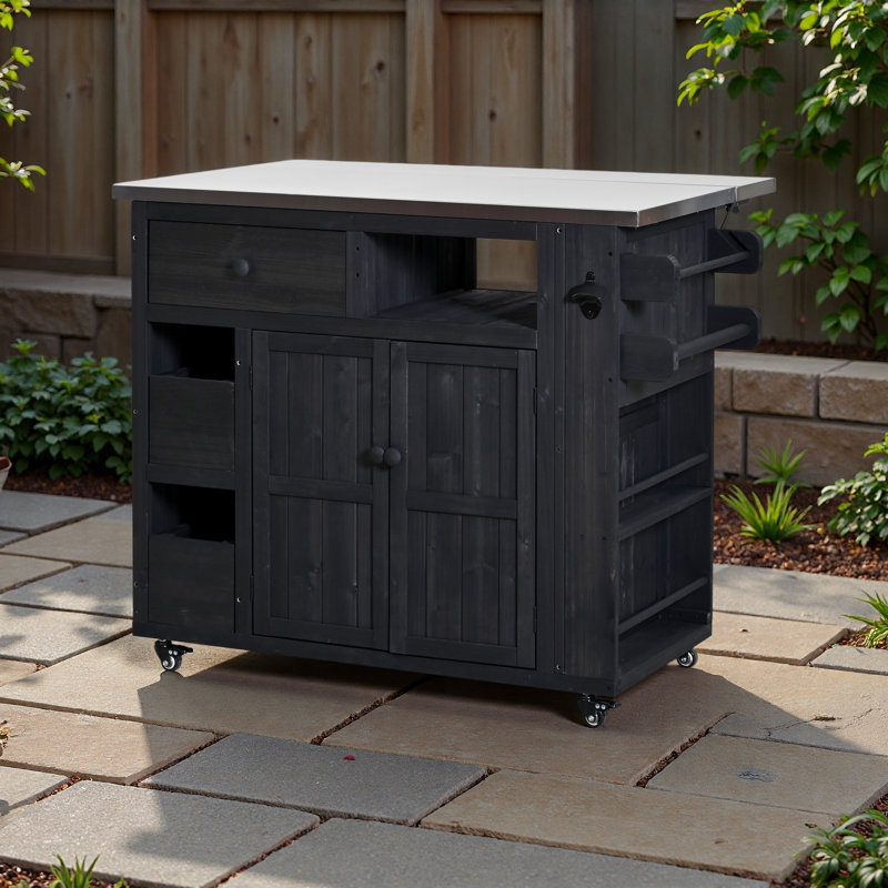 Outdoor Solid Wood Extendable 19.3''/28'' Kitchen Island, Stainless Steel Top Grill Table With Side Spice Rack, Kitchen Cart With Drawers