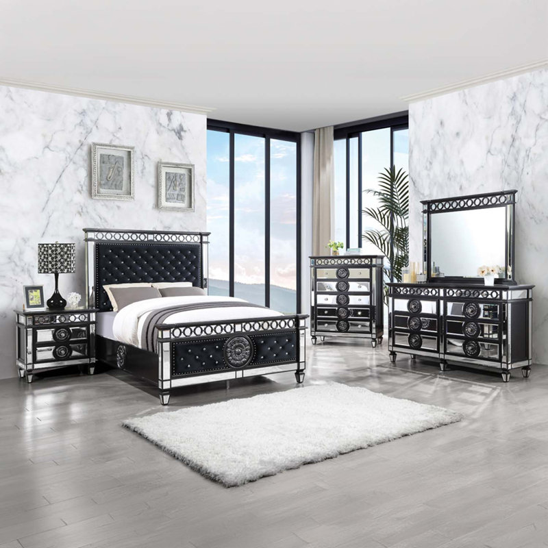 Commode 6 tiroirs Varian II, miroir, noir et argent