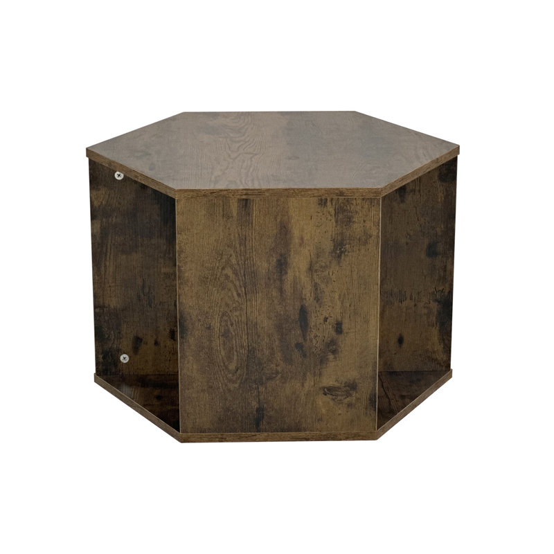 Table basse hexagonale au fini bois antique, vaste espace de rangement, conception, assemblage simple pour diverses applications, rangement spacieux, style tendance, facilité de fabrication