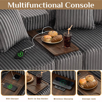 Canapé de 350 cm (137,5 po), chargement USB et sans fil, table basse avec porte-gobelet, canapé surdimensionné et déporté, repose-pieds amovible