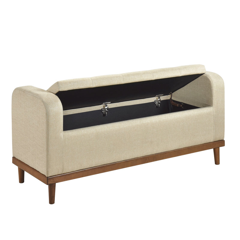Bedroom Mid-Century Modern Lift Top Bench, Brown Textured Upholstery, Solid Wood Frame Bench With Storage, Light Brown