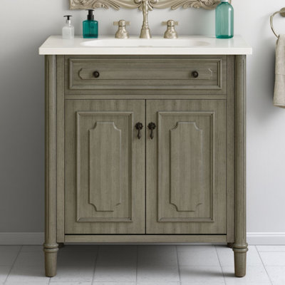 Meuble-lavabo rétro gris de 31 pouces avec lavabo intégré, armoire de salle de bain de style champêtre avec portes à fermeture douce et tablettes réglables, conception courbée et pieds en bois d'hévéa pour plus de raffinement