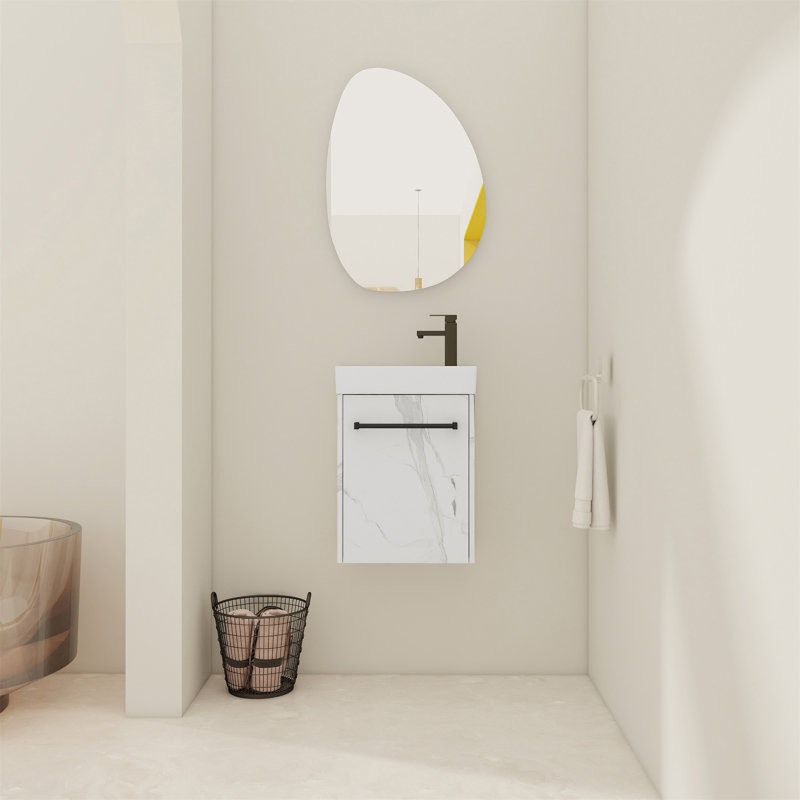 Meuble-lavabo mural 16 po avec lavabo en céramique et porte d'armoire à fermeture en douceur, pour petite salle de bain