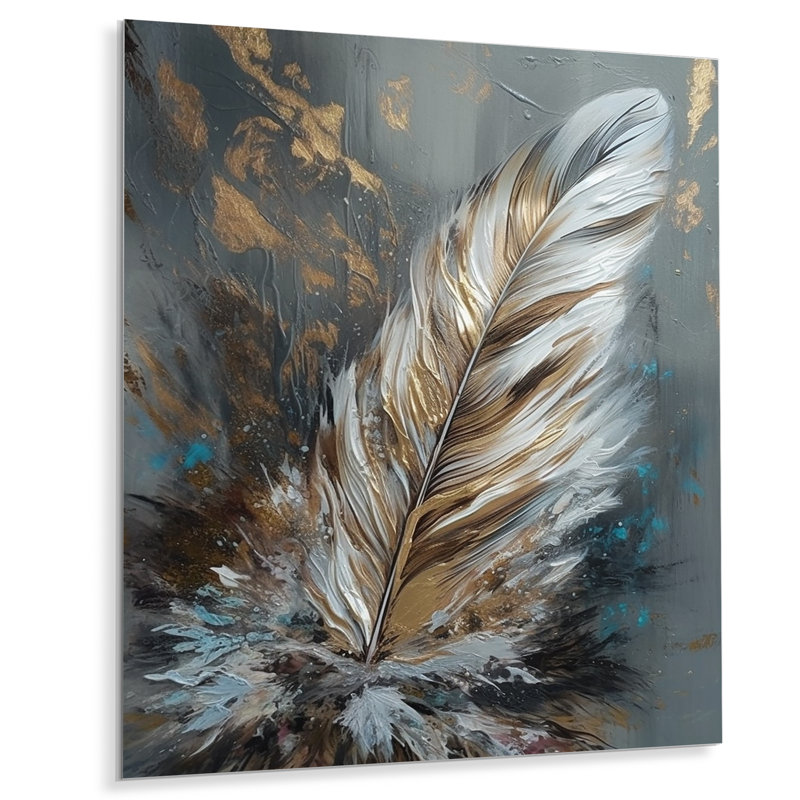 Plume d'or Wanderlust III sur impression métallique, H 32 po x l 16 po