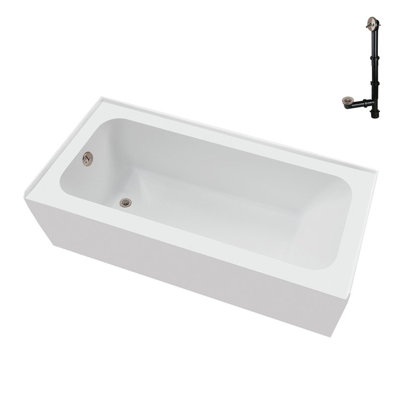 Baignoire en alcôve en acrylique blanc brillant avec drain extérieur 66 po x 32 po Streamline, Nickel brossé