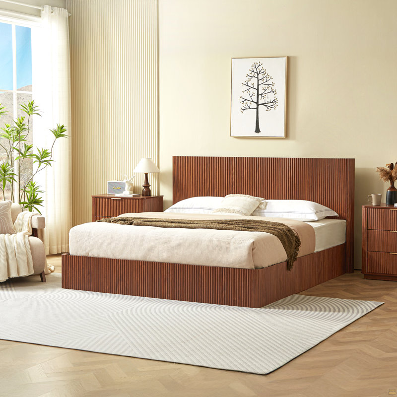 King Size Lift Up Storage Bed Frame, Wooden Corrugated Curved Lines, Hydraulic Storage/No Box Spring Needed