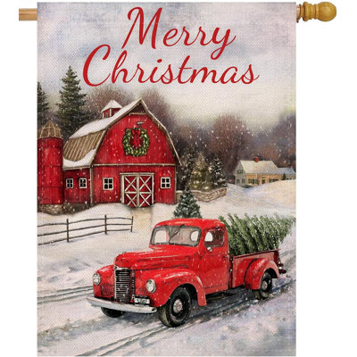 Maison décorative drapeau de jardin de joyeux Noël camion rouge double face, citation rustique d'hiver