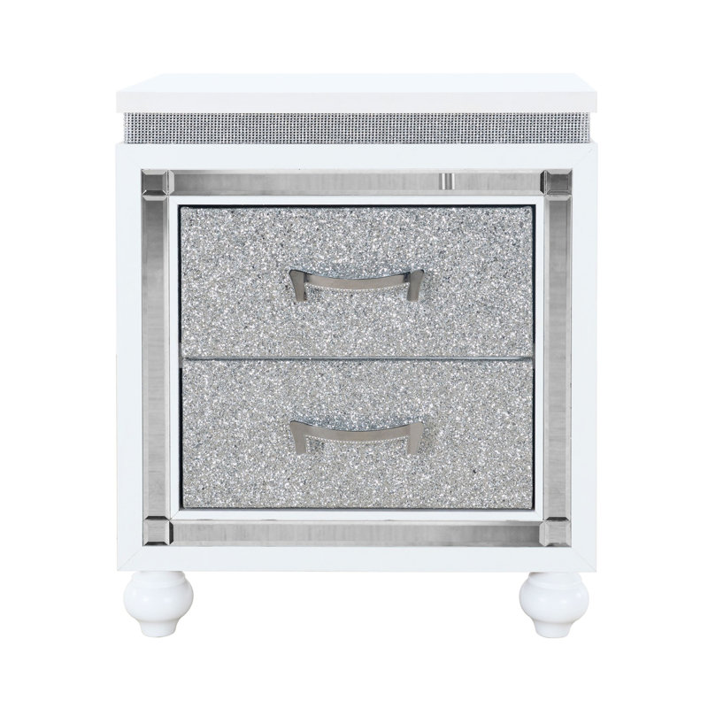 Table de chevet blanche - bois massif + fabrication, charme contemporain, 26,02 po X 16,44 po x P 21,17 po, table de chevet blanche de 44 lb avec paillettes, cristal concassé, accent miroir, profondeur,