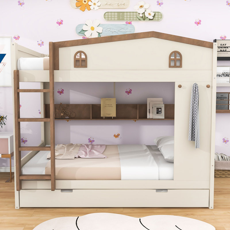Wooden Bunk Bed with Trundle, Hooks and Side Shelves, Queen Over Queen, Beige Natural