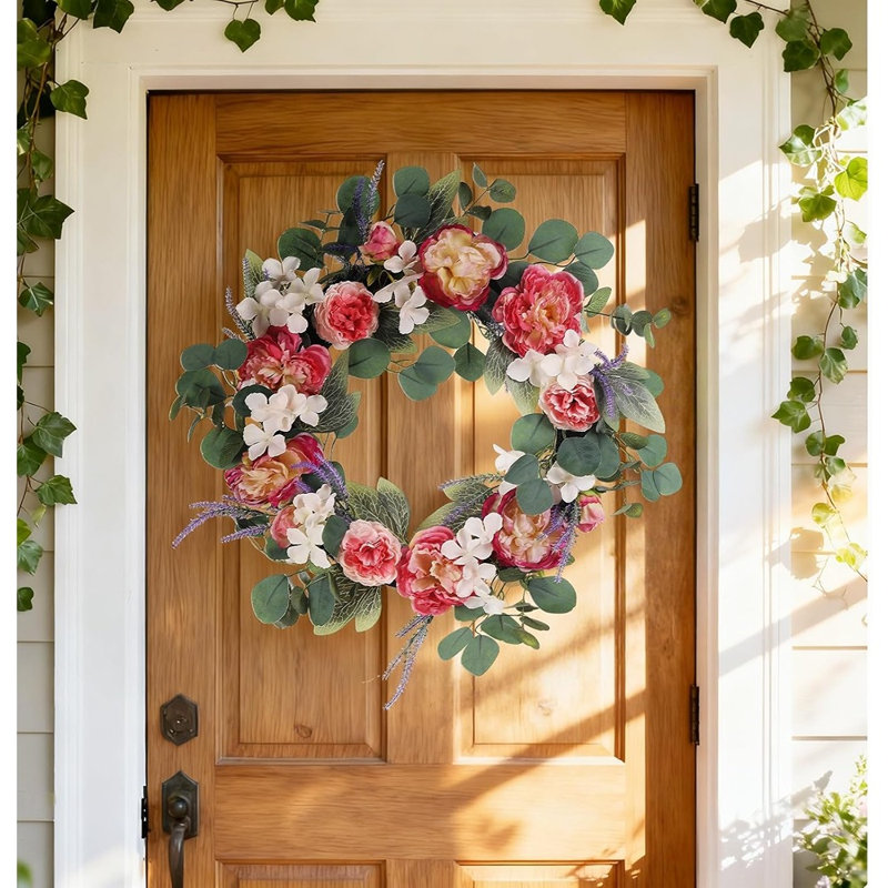 Couronne de pivoine rose pour la porte d'entrée, couronne florale printanière avec hortensia et eucalyptus, couronne artificielle d'été pour la maison intérieure et extérieure, mariage, décoration de la fête des Mères