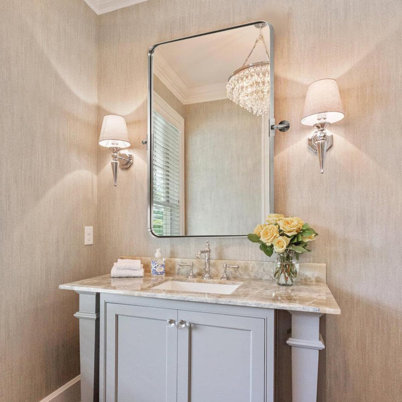 Miroir de salle de bain mural moderne inclinable | Cadre pivotant en acier inoxydable, 36 po x 24 po, Nickel brossé