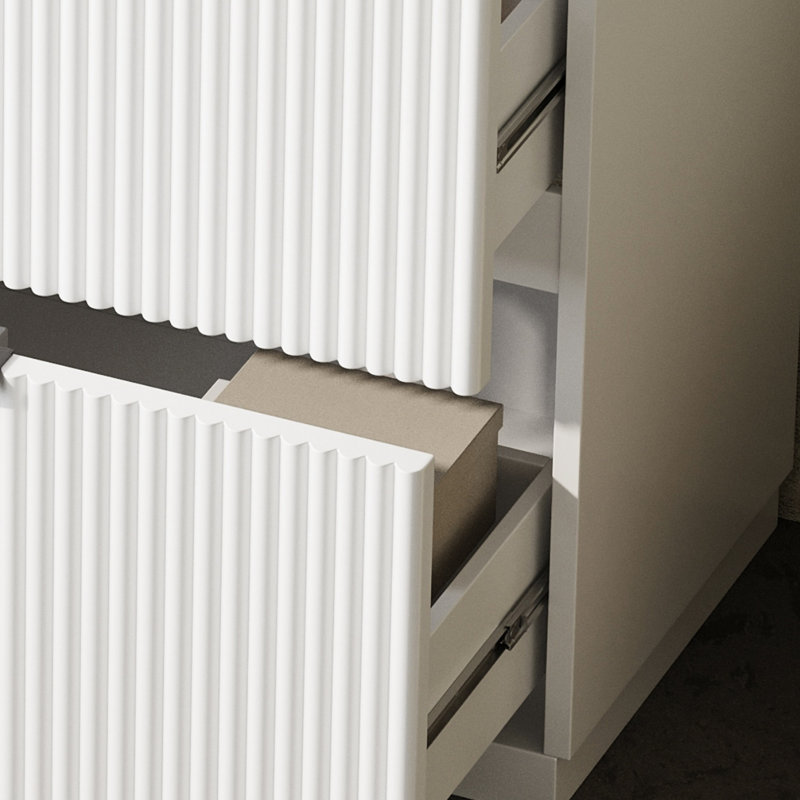 Meuble-lavabo blanc de 30 po avec glissières à fermeture en douceur, trous de robinet de 8 po et finition brillante dans la palette de couleurs, configuration à deux tiroirs, conception de trou de déversement