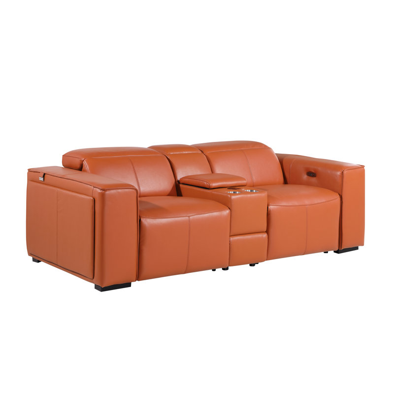 Top Grain Italian Leather Modular Power Dual Reclining Console Loveseat With Power Headrests, Camel