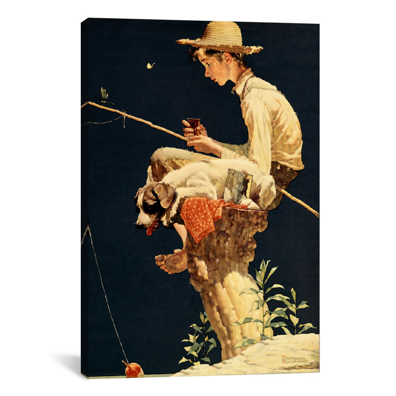 «Boy Fishing» par Rihamna, reproduction sur toile, H 32 po x l 24 po x P 1 po, Papier d'art encadré noir, Blanc