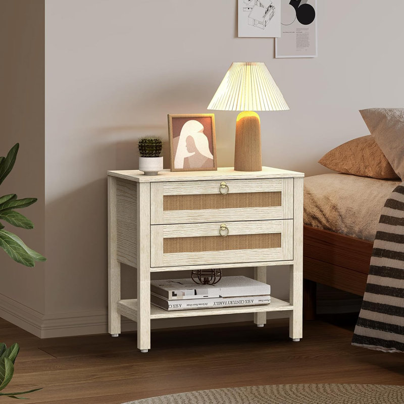 Ensemble de table de chevet blanc, grande table de chevet en rotin avec tiroirs et tablette de rangement, table de chevet Boho