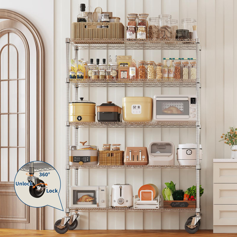 5-Tier Chrome Wire Shelving Unit – Adjustable Rack with 4" Wheels, 2000 lbs Capacity – for Kitchen, Garage, Pantry – 47.2"x17.7"x70.9"
