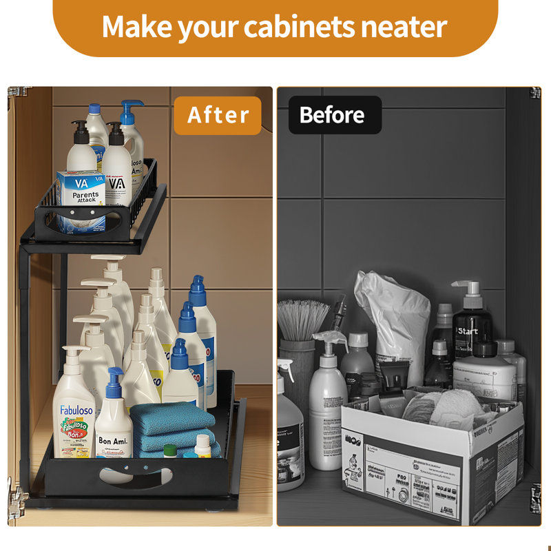Black Metal 2-Tier L-Shape Under Sink Organizer, 2 Pack