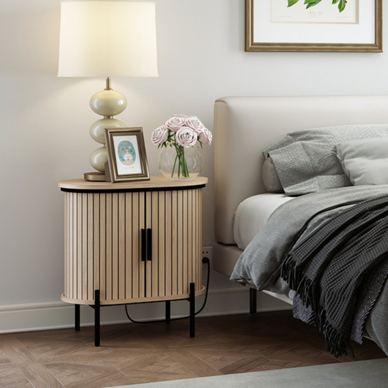 Parthenia 21.7" Mid-Century Modern Oval Nightstand, End Table With Fluted Sliding Doors And Built-In USB Charging Port, Oak