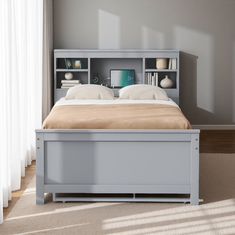 Lit plateforme avec tête de lit avec rangement, USB, lit gigogne et 3 tiroirs, Lit simple, Gris