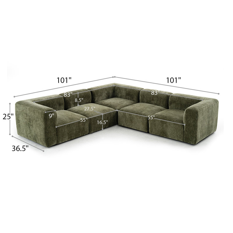 Confesor Chenille Modern Modular L-Shaped Deep-Seat Sectional Sofa, Green Chenille