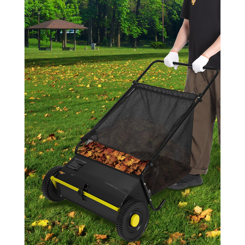 Balai à gazon 26 po avec 4 brosses rotatives, 7 pieds cubes Pi. Trémie, nettoyeur de jardin à hauteur réglable