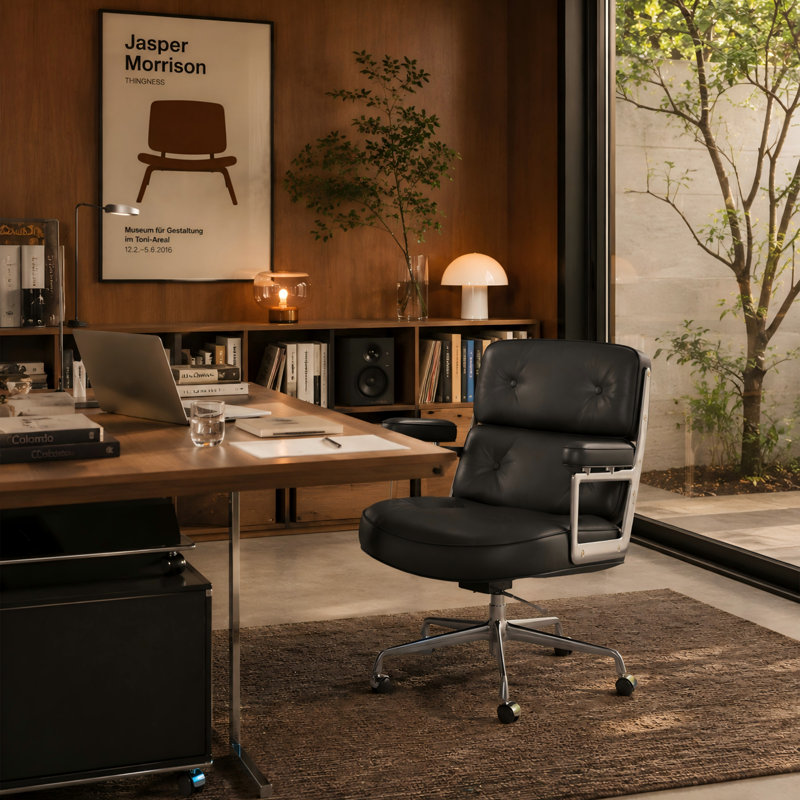 Fauteuil de direction en cuir véritable avec dossier rembourré, chaise de bureau pivotante réglable avec structure en aluminium