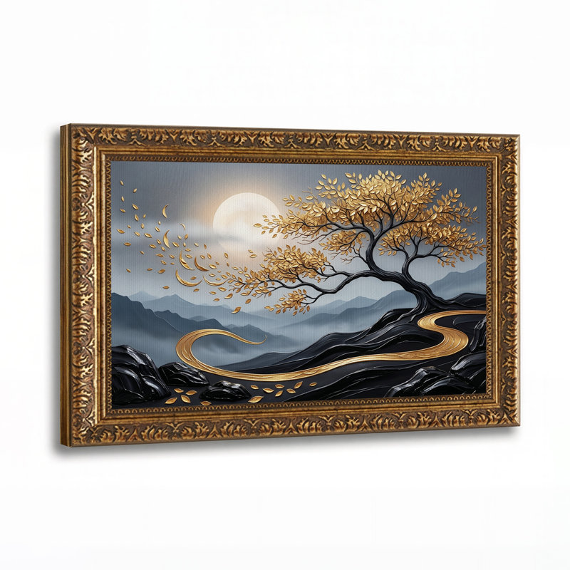 Golden Tree With Moonlit Mountains Canvas Wall Art, 16"H x 24"W