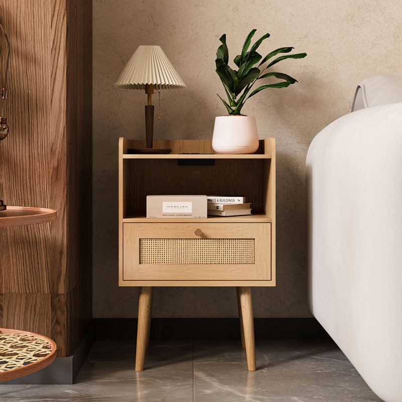 23.6'' Tall Drawer Rattan Nightstand with Charging Station, Yellow