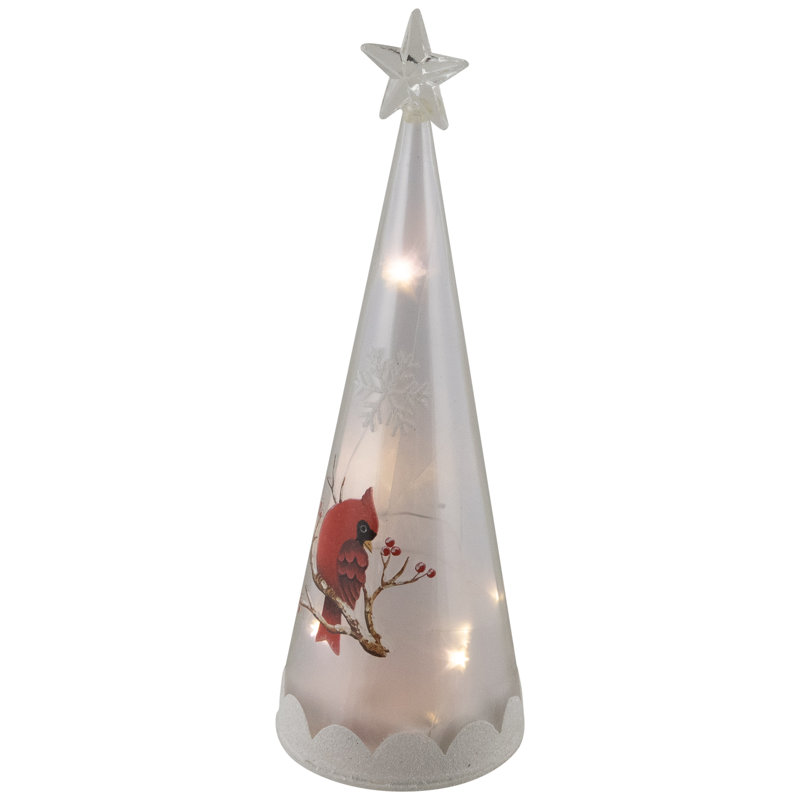 LED Lighted Cardinal And Snowflake Frosted Glass Christmas Cone Tree Decoration - 9.5"