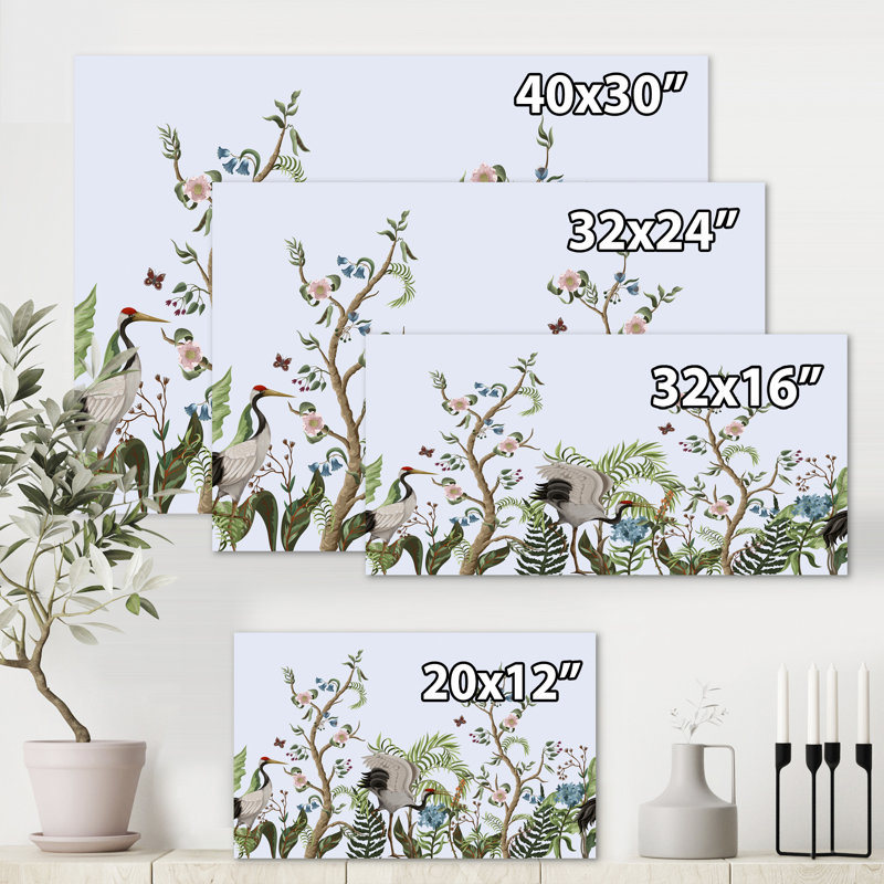 Bordure avec grues et pivoines dans un style chinois - peinture sur toile, H 16 po x l 32 po x p 1 po, Toile tendue