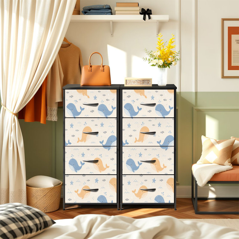 Commode de rangement verticale 4 tiroirs avec baleine bleu orange fantaisiste avec plateau en bois