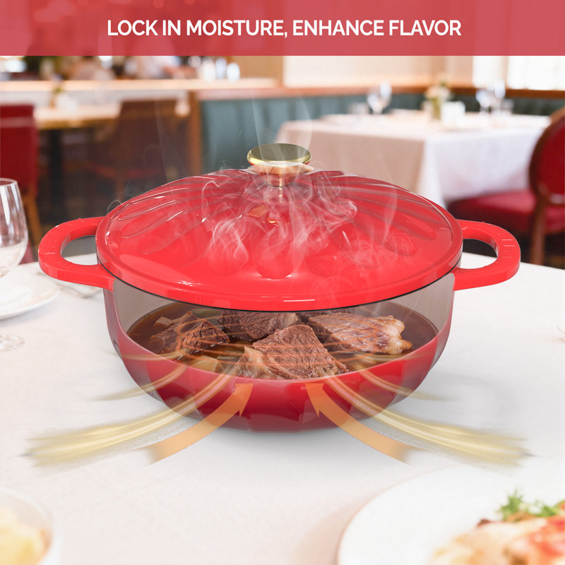 Cocotte en fonte émaillée rouge de 5 pintes (4,7 L) en forme de pétale, avec maniques et dessous de plat résistants à la chaleur