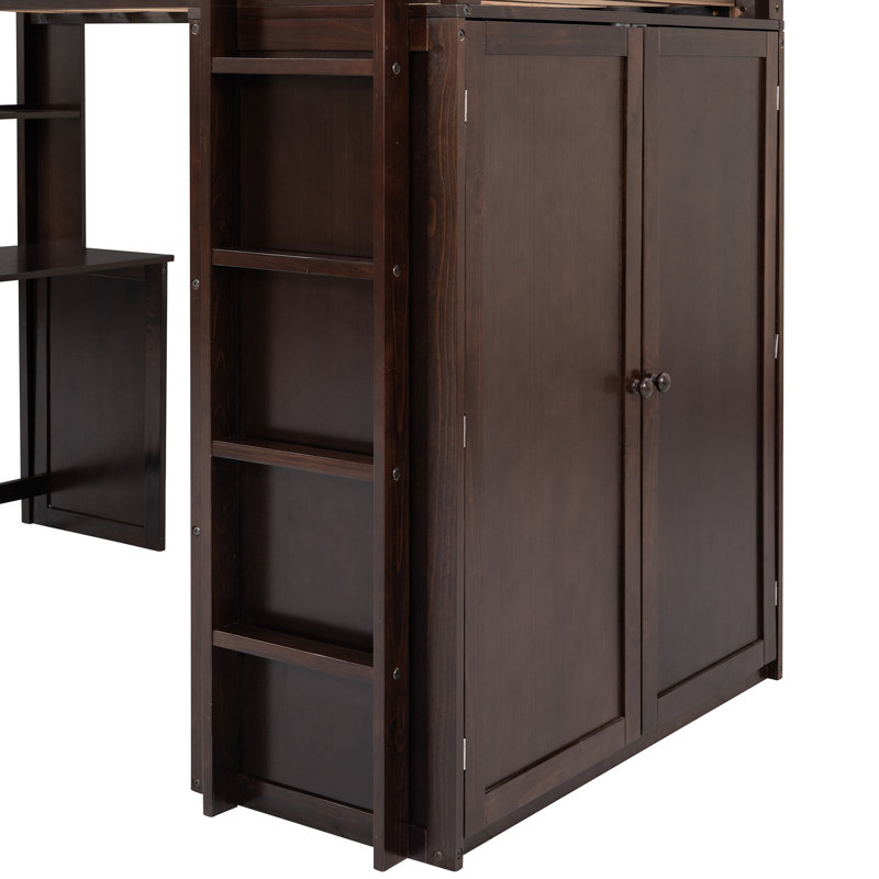Lit mezzanine avec tiroirs, bureau et garde-robe, Simple, Espresso