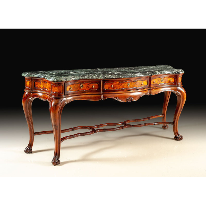 Original Italian Antique Walnut Burl Console Table with Green Marble Top