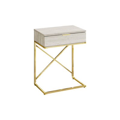 Modern Accent Table with Storage Drawer - Gold Metal X-Frame Beige Marble Look Side Table, End Table for Living Room, Bedroom Nightstand