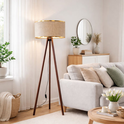 Élégante lampe sur pied en bois de 55,1 pouces de hauteur, beige et or | Fabrication 100% bois, douille E27 (40 W maximum), design scandinave moderne | Parfait pour le salon, la chambre à coucher ou le bureau personnel
