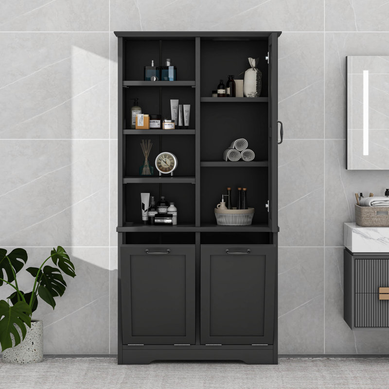 Armoire de rangement pour salle de bain avec panier à linge inclinable, tablettes réglables, Noir